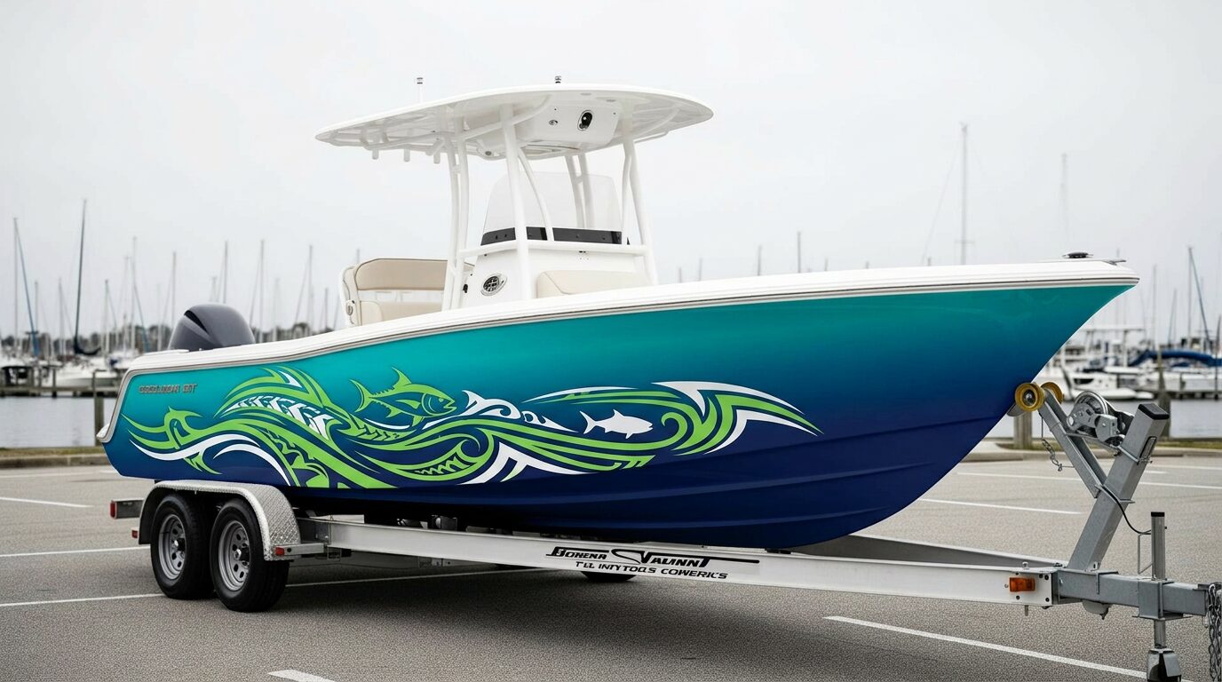 Same boat after a teal and lime green custom marine wrap