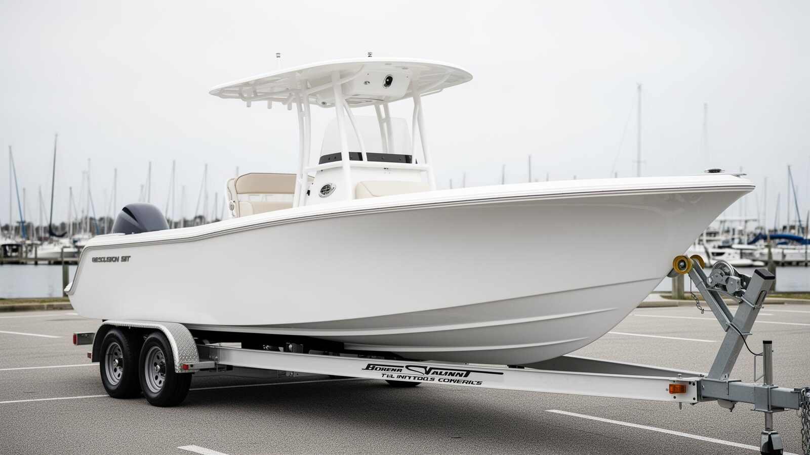 Plain white center-console boat on trailer before marine wrap