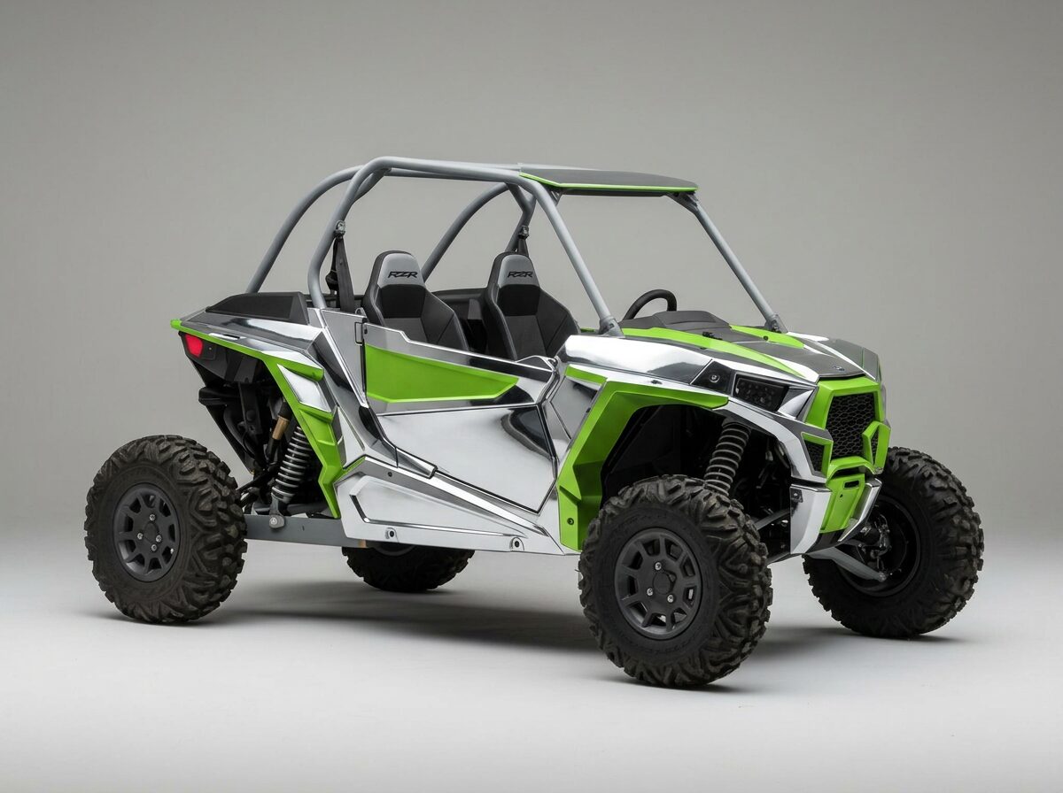 Same Polaris RZR wrapped in mirror chrome with lime green accents