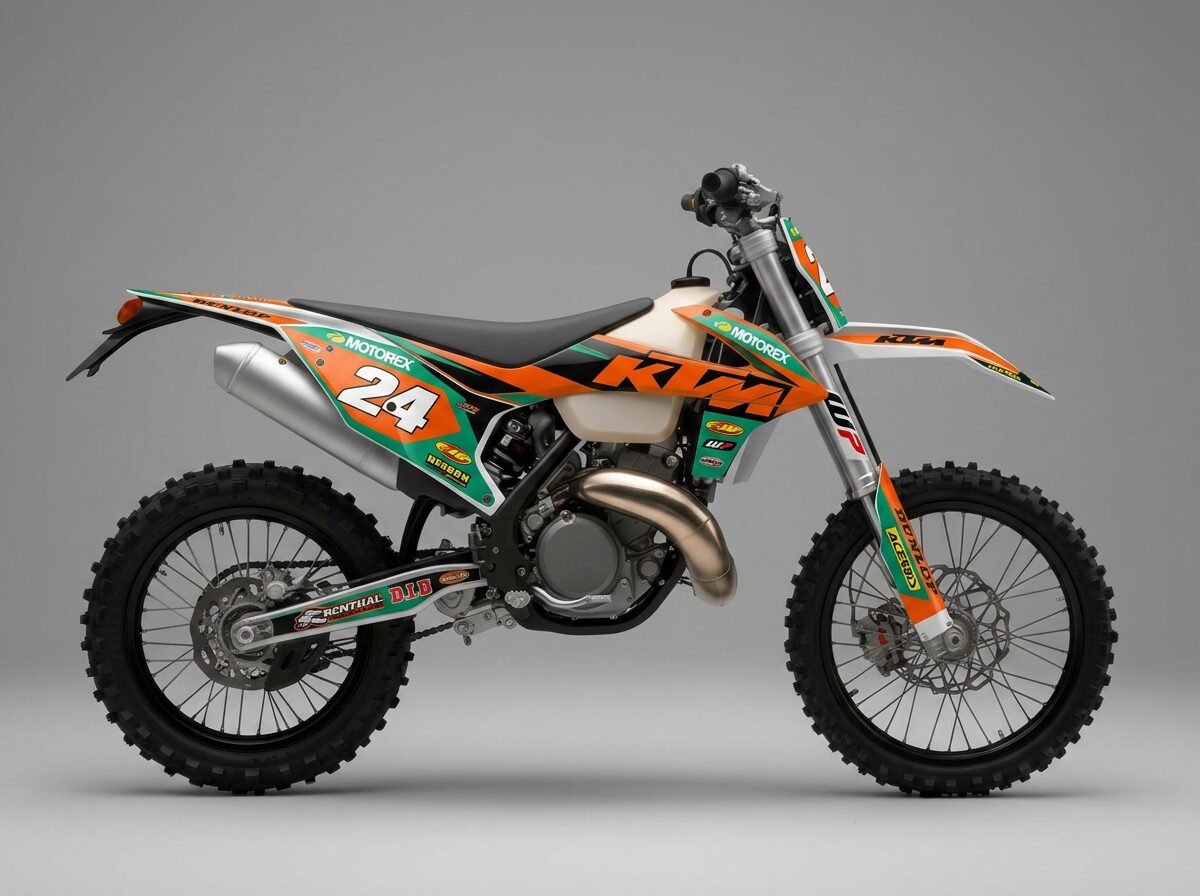 Same KTM dirt bike with orange and green race graphics