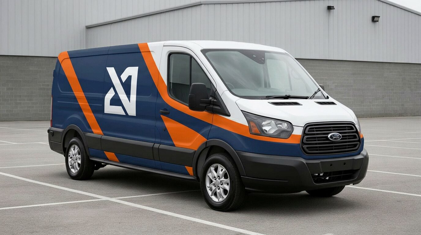 Same Ford Transit van after navy and orange fleet wrap